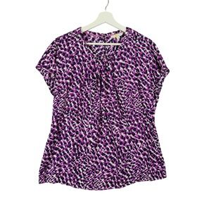 Boden Silk Blend Top Blouse Women 12 Purple Black Leopard Cat Short Sleeve VNeck